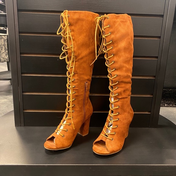 Cognac Lace Up Heeled Boots